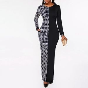 NEW Colorblock Geometric Print Long Sleeve Bodycon Dress w\Pockets.